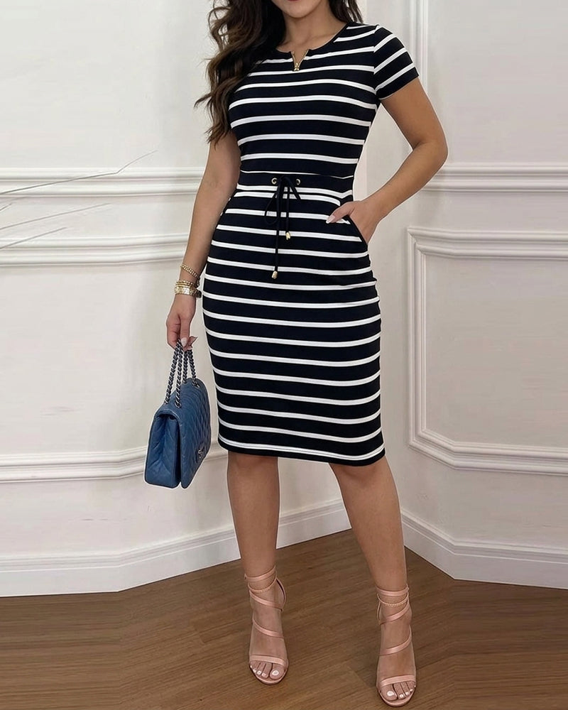 Women's Striped Midi Dress Short Sleeve Zipper Crewneck Dress High Waisted Drawstring Casual Dress with Pockets