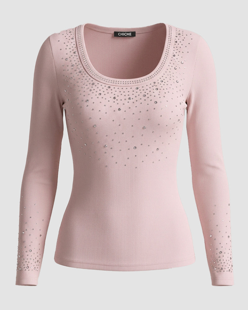 Women's Rhinestone Embellished Ribbed Long Sleeve Layering Top Slim Fit U-Neck Knit Tee Elegant Stretchy Pullover