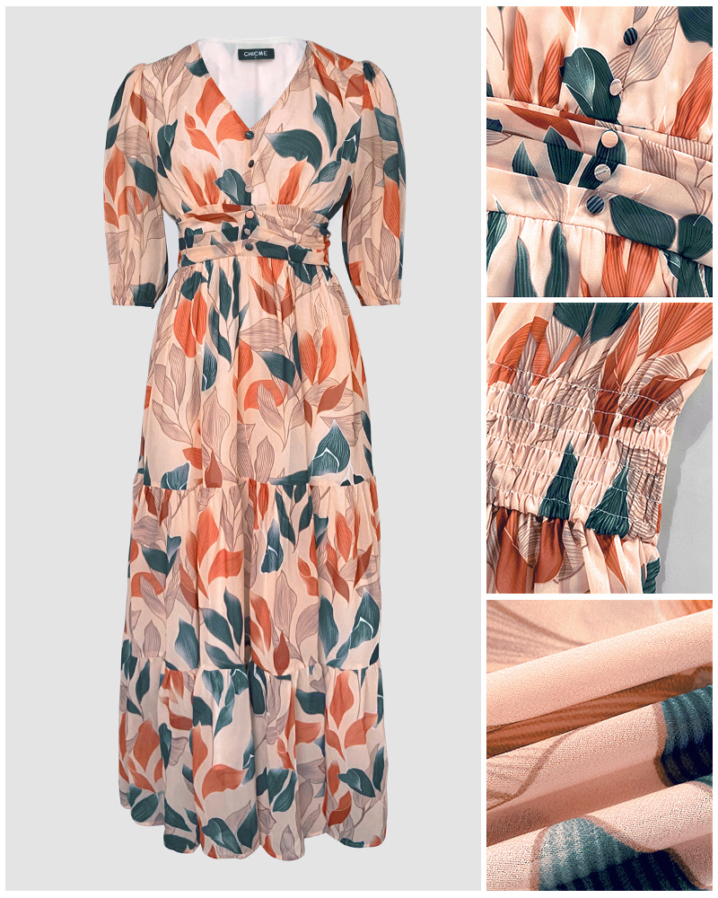 Plants Print V-Neck Half Sleeve Shirred Back Maxi Dress Casual Button Decor Ruched Ruffle Hem Vacation Dress