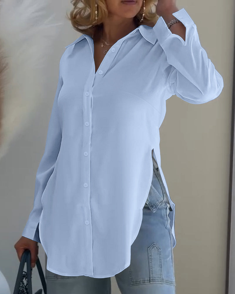 Turn-down Collar Roll Up Sleeve Button Front Shirt Casual Side Slit Curved Hem Top