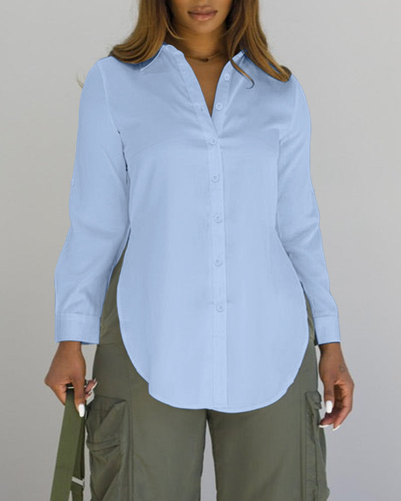 Turn-down Collar Roll Up Sleeve Button Front Shirt Casual Side Slit Curved Hem Top