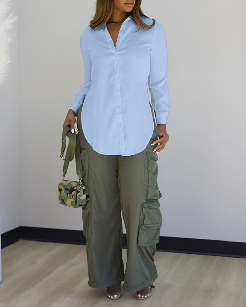 Turn-down Collar Roll Up Sleeve Button Front Shirt Casual Side Slit Curved Hem Top