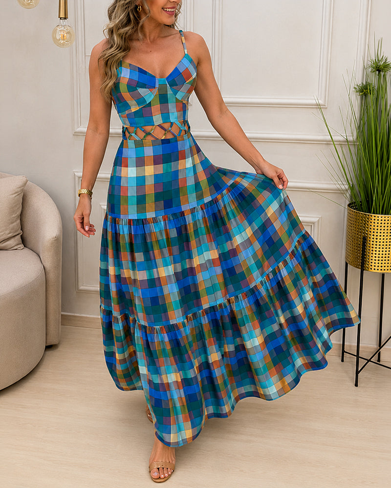 Women's Colorblock Plaid Hollow-out Maxi Dress V Neck Backless Ruffle Cami Dress Casual Shirred Beach Sundress