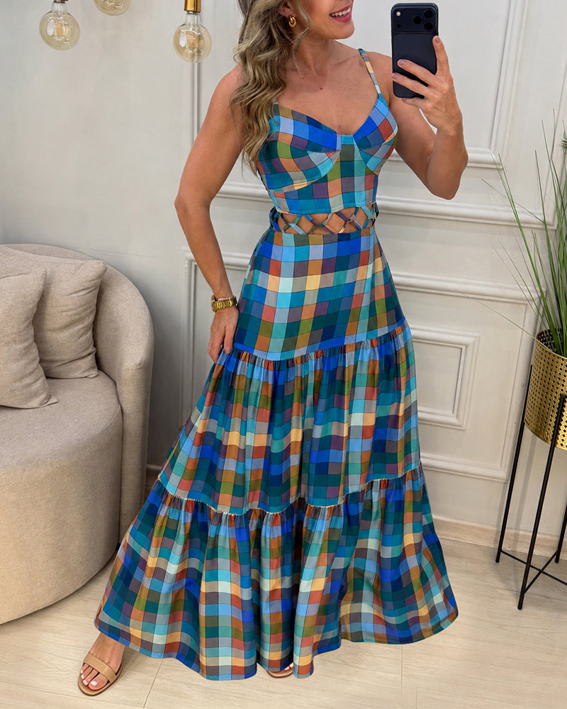 Women's Colorblock Plaid Hollow-out Maxi Dress V Neck Backless Ruffle Cami Dress Casual Shirred Beach Sundress