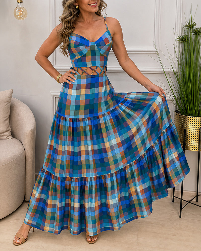 Women's Colorblock Plaid Hollow-out Maxi Dress V Neck Backless Ruffle Cami Dress Casual Shirred Beach Sundress