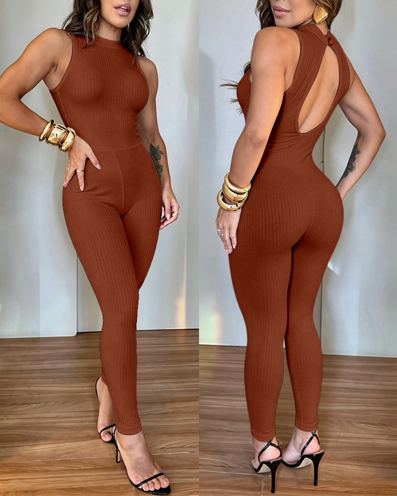 Women's Halter Neck Backless Jumpsuit Ribbed Knit Slim Fit Sleeveless Romper Sexy Party Clubwear