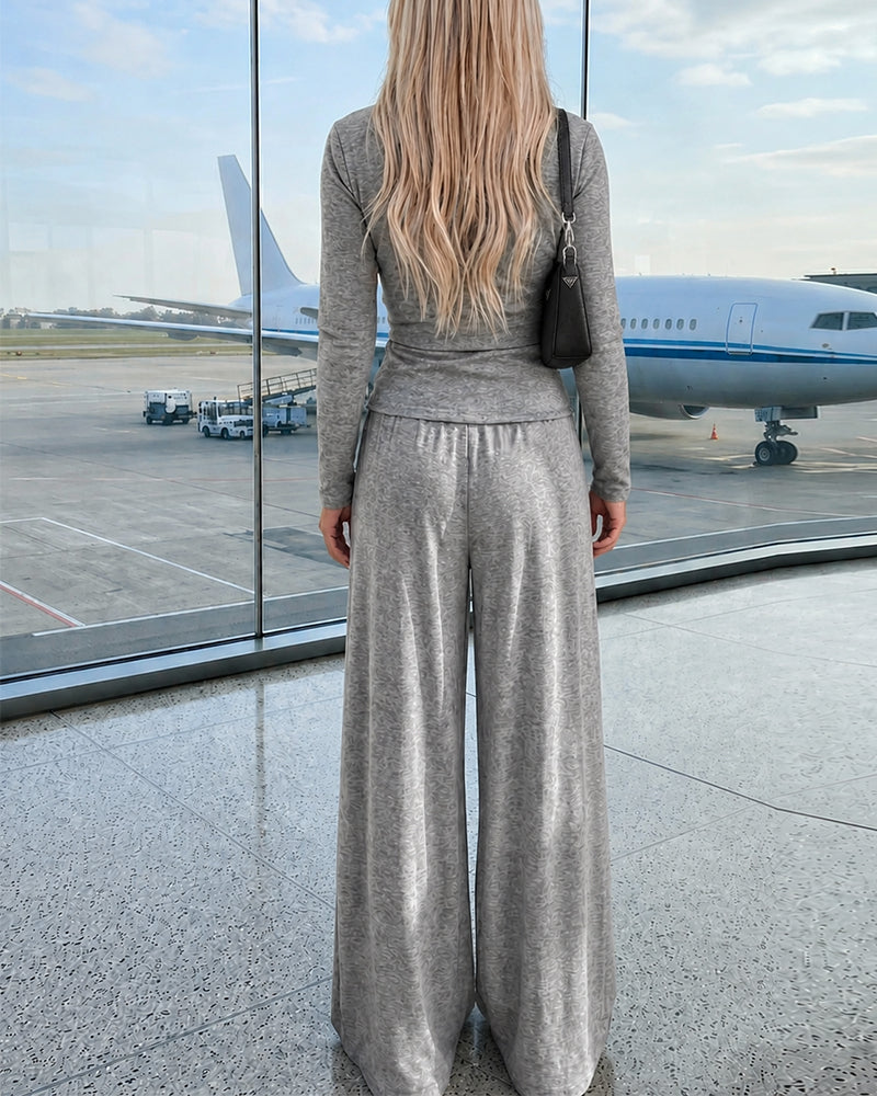 CHICME ESSENCE Women's 2 Piece Knit Lounge Set Long Sleeve Tie Waist Top and High Waisted Wide Leg Pants Casual Soft Sweatsuit with Pockets