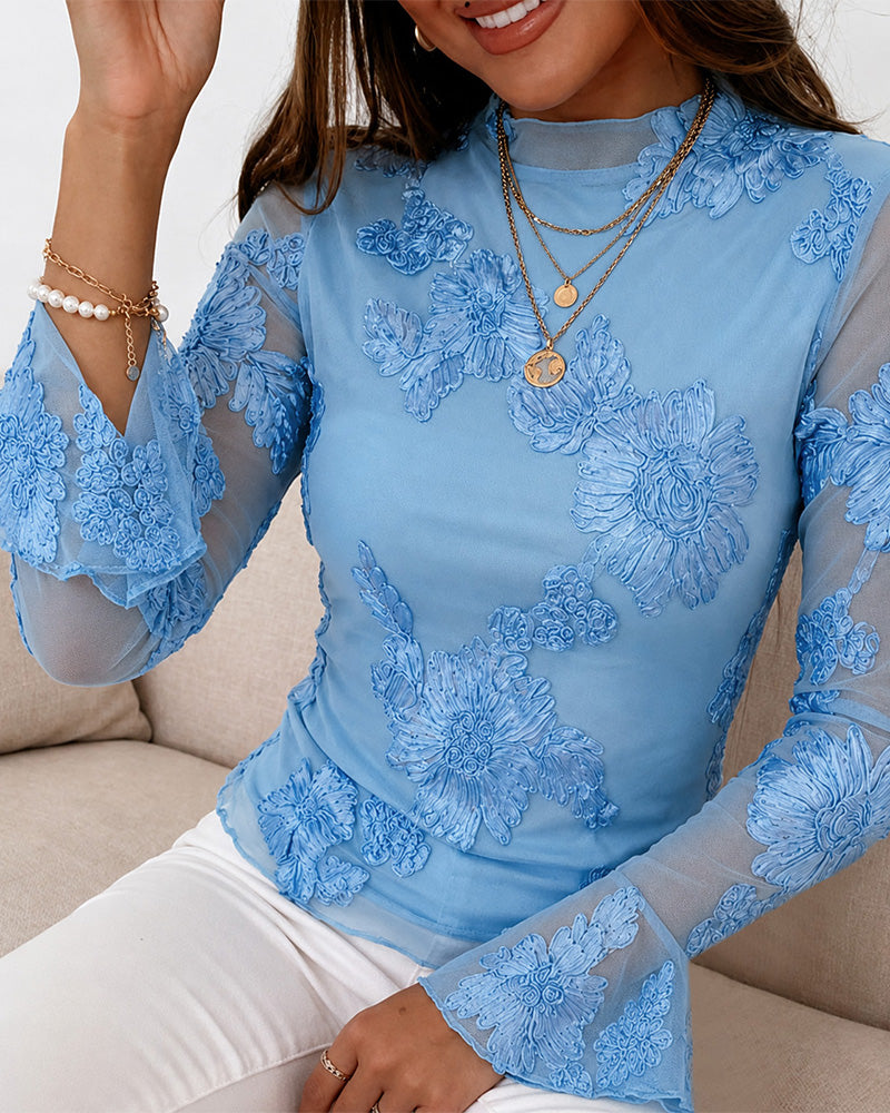 Women's French Style Mesh Top Floral Jacquard Mock Neck Long Sleeve Blouse Elegant Flare Cuffs Slim Fit Layered Top