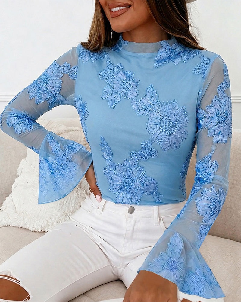 Women's French Style Mesh Top Floral Jacquard Mock Neck Long Sleeve Blouse Elegant Flare Cuffs Slim Fit Layered Top