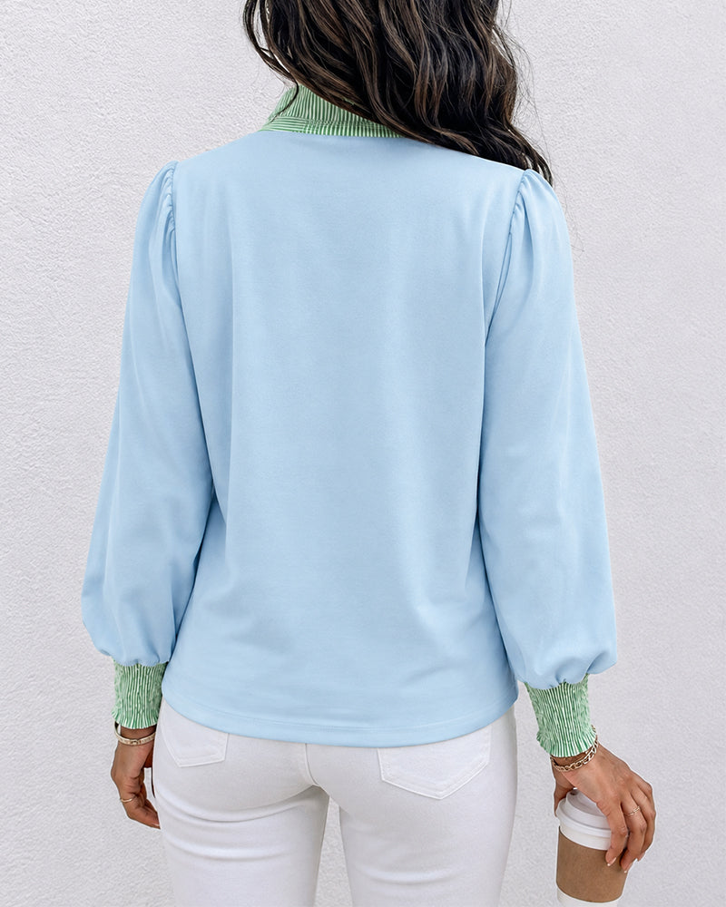Women's Contrast Stripe Patchwork Blouse Frill Hem Stand Collar Puff Lantern Sleeve Shirred Cuff Pullover Shirt
