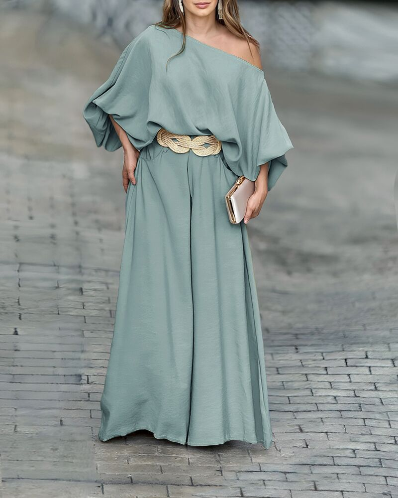 2 Pieces Outfit Turn-down Coll  Long Sleeve Button Front Satin  Shirt and Casual Vintage Floral  Print Elastic Back Waist Wide Leg  Pants Set without Belt