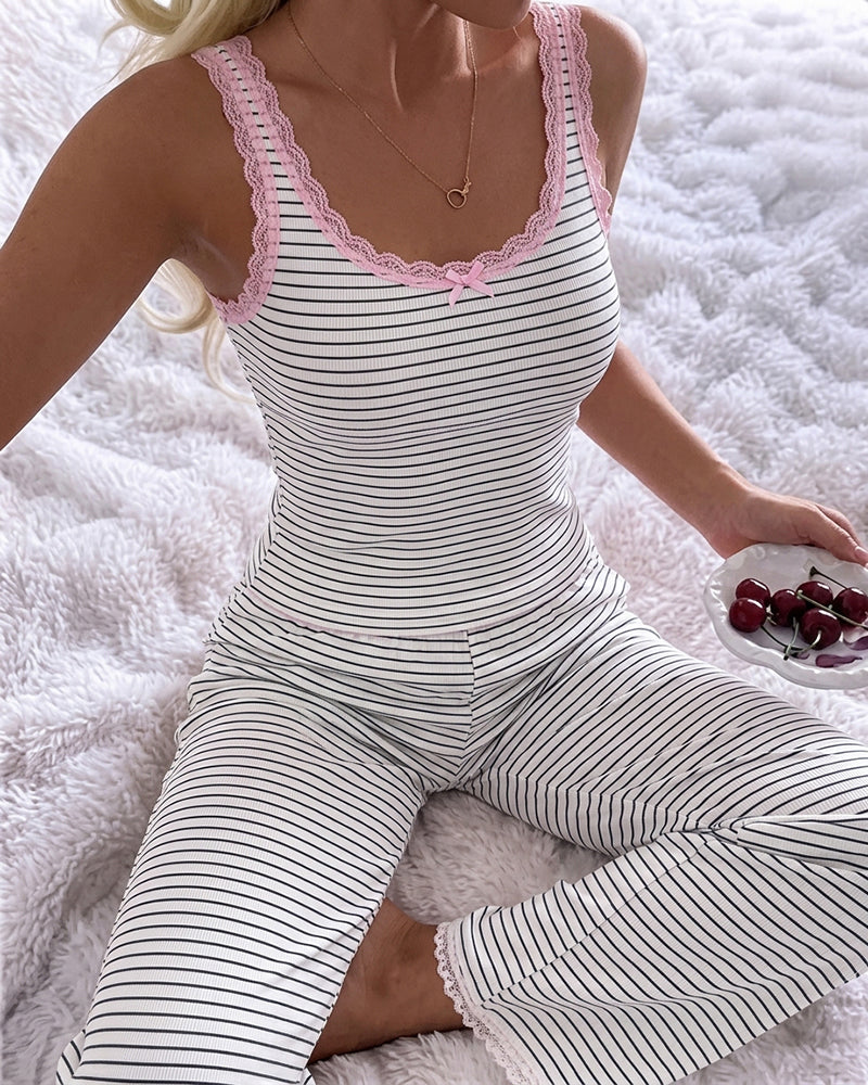 CHICME ESSENCE Women's 2 Piece Lace Trim Stripe Lounge Set Sleeveless Tank Top and Wide Leg Pants Set Rib Knit Pajamas Set with Pockets