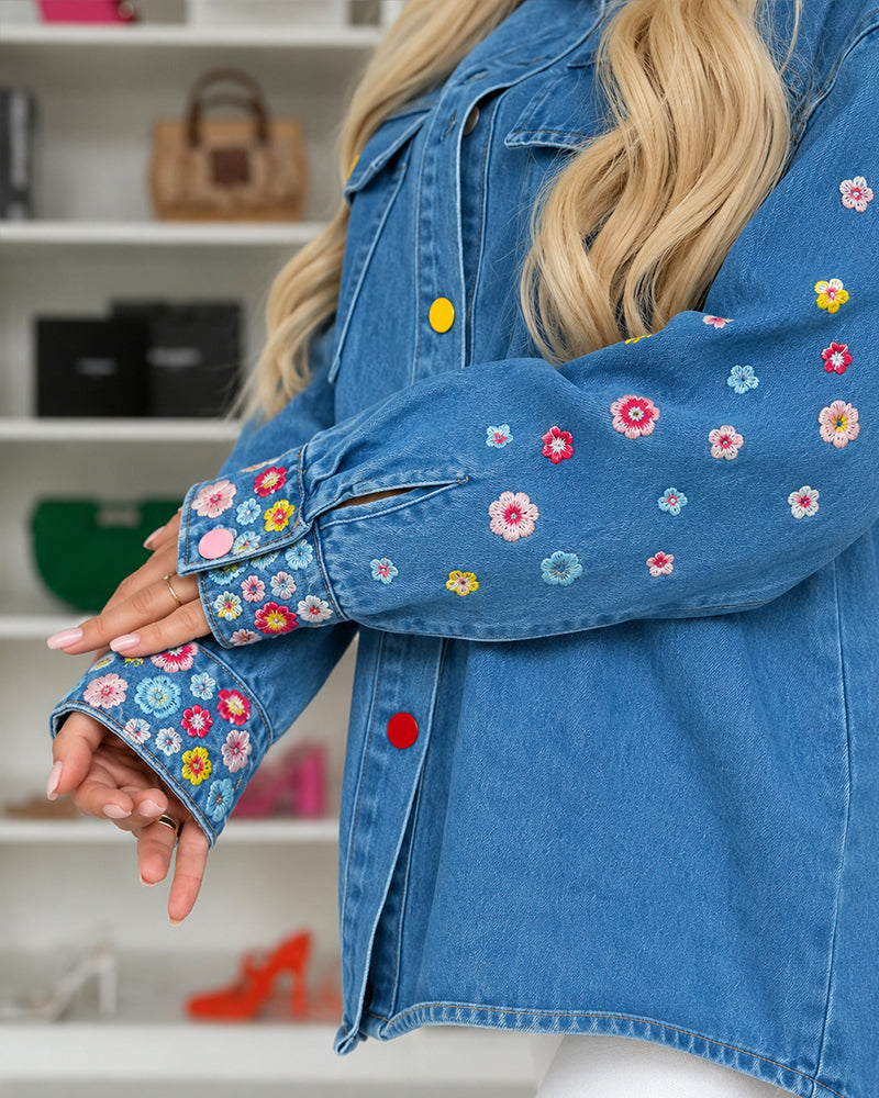 Women's Floral Embroidered Denim Jacket Colorful Button Down Jean Coat Casual Washed Shacket