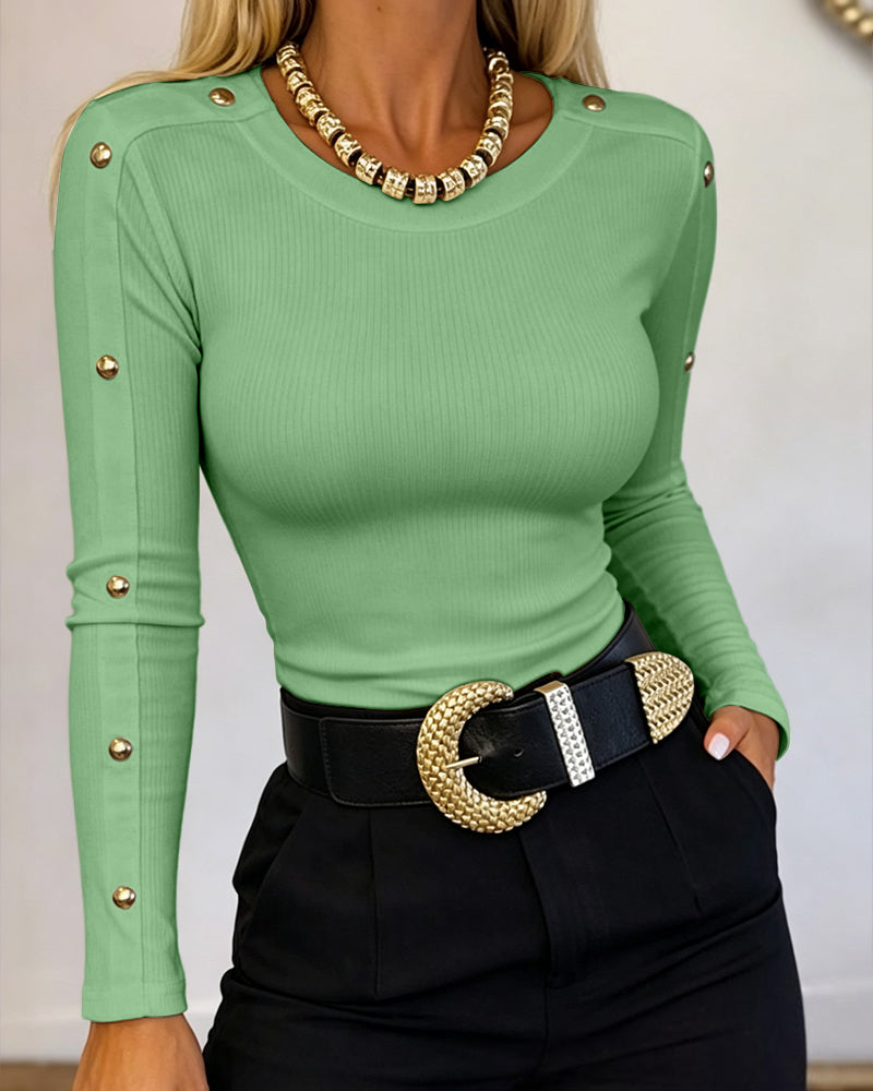 Women's Gold Studded Long Sleeve Rib-Knit T-Shirt Slim Fit Round Neck Top