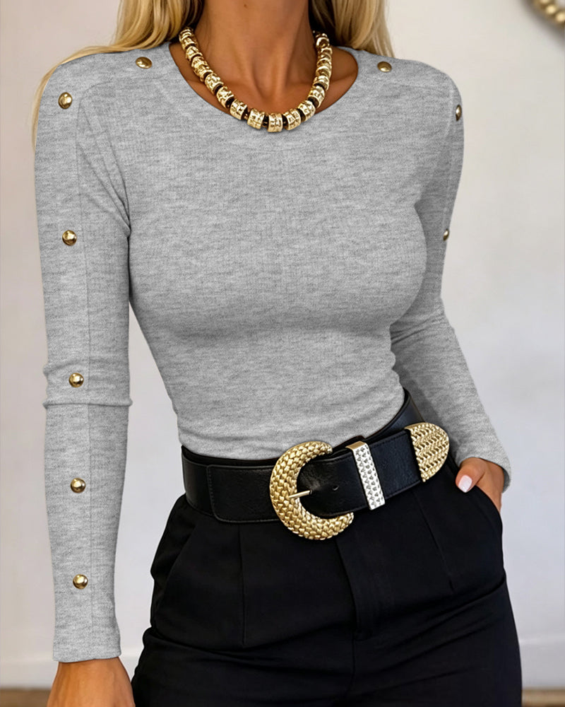 Women's Gold Studded Long Sleeve Rib-Knit T-Shirt Slim Fit Round Neck Top