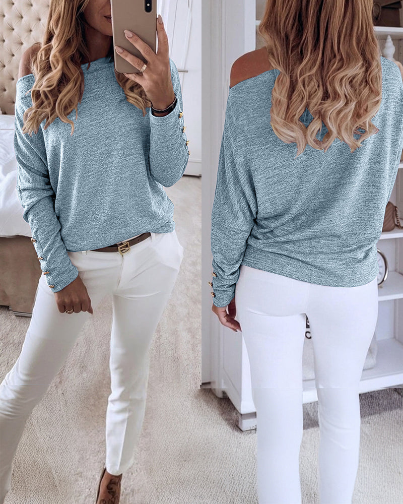 Women's Multi Way Neck Long Sleeve Top Gold Button Detail Casual Knit Tee