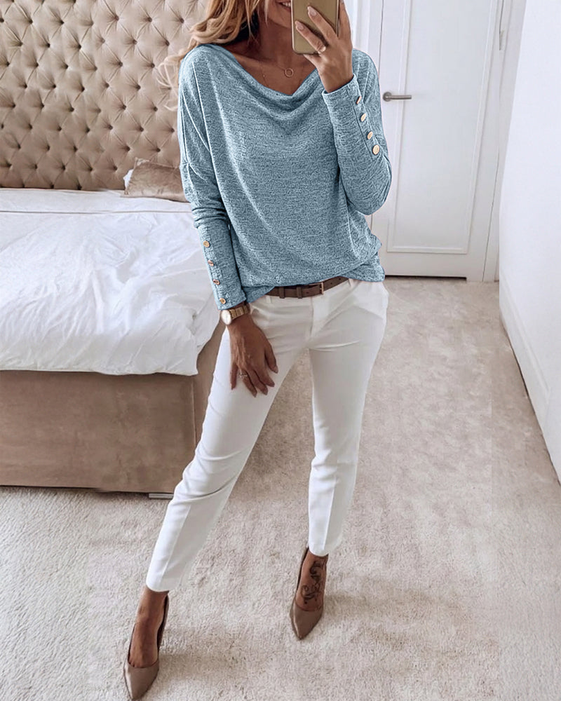 Women's Multi Way Neck Long Sleeve Top Gold Button Detail Casual Knit Tee