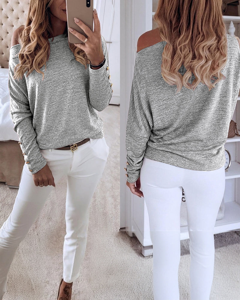 Women's Multi Way Neck Long Sleeve Top Gold Button Detail Casual Knit Tee