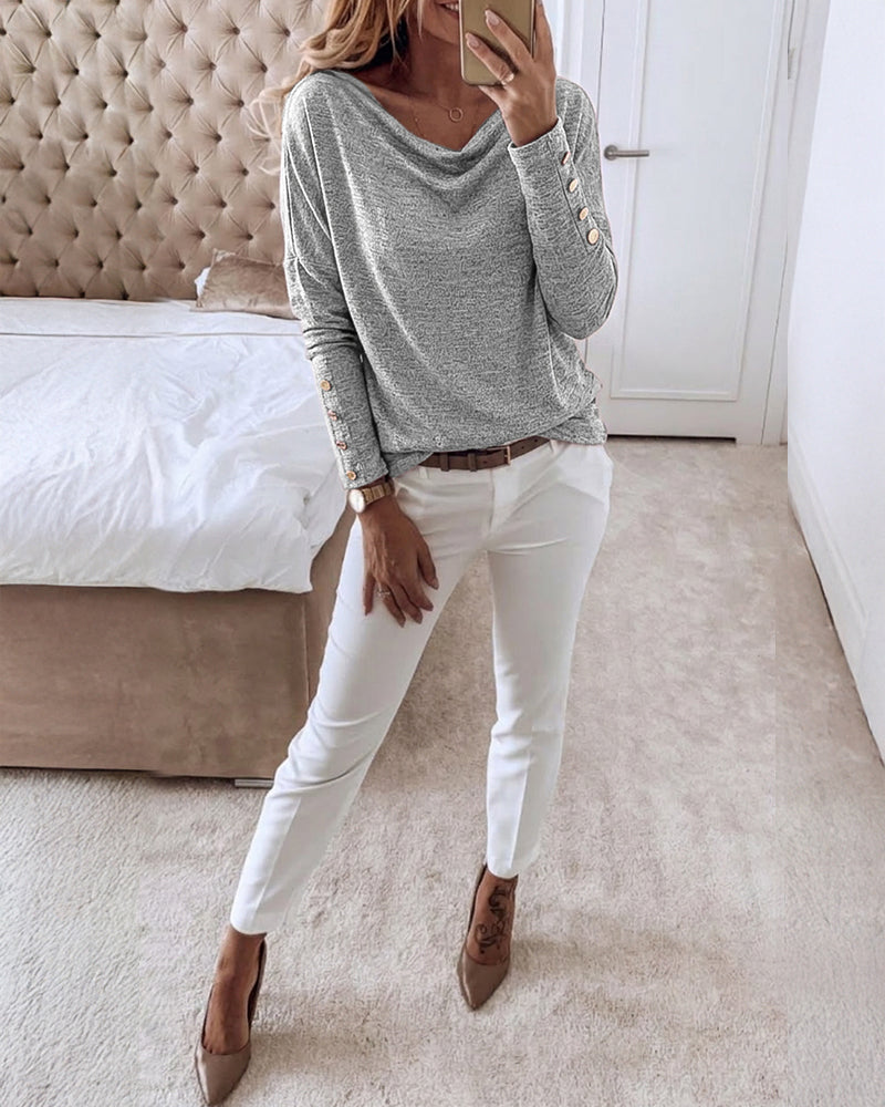 Women's Multi Way Neck Long Sleeve Top Gold Button Detail Casual Knit Tee