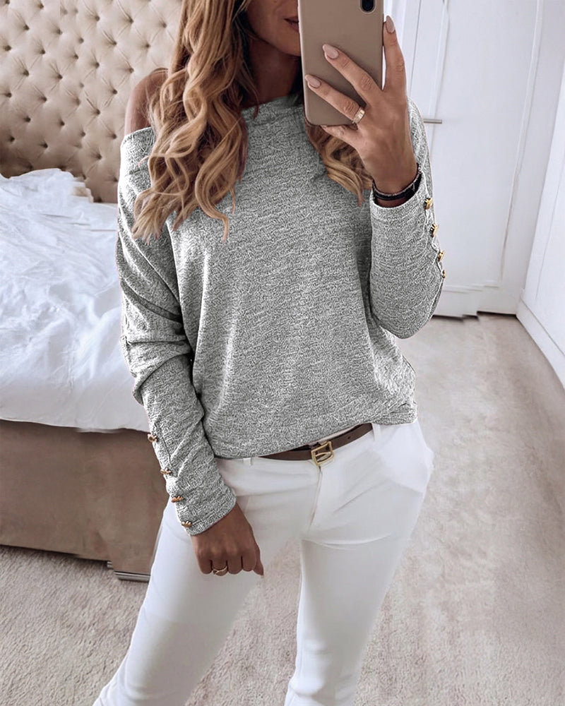 Women's Multi Way Neck Long Sleeve Top Gold Button Detail Casual Knit Tee