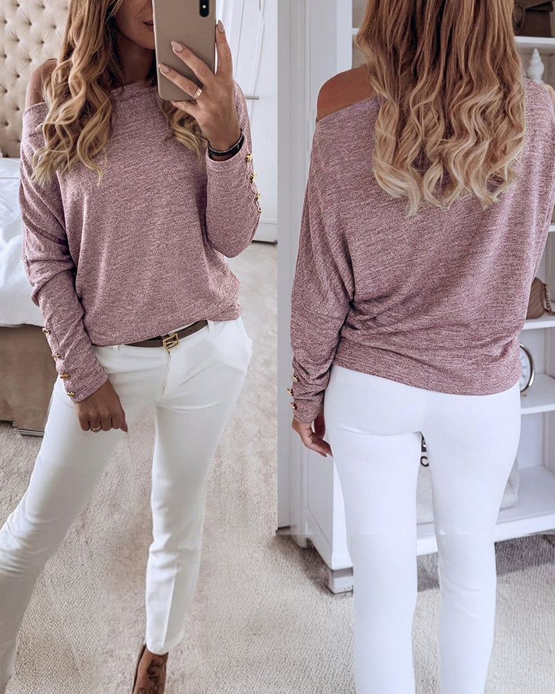 Women's Multi Way Neck Long Sleeve Top Gold Button Detail Casual Knit Tee