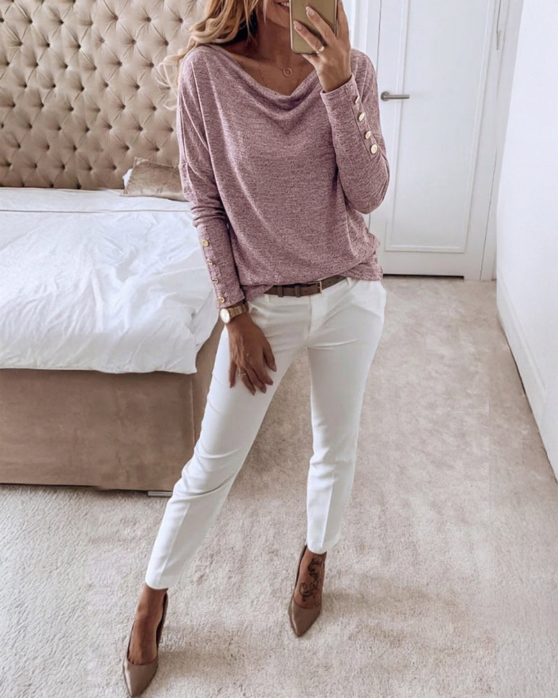 Women's Multi Way Neck Long Sleeve Top Gold Button Detail Casual Knit Tee