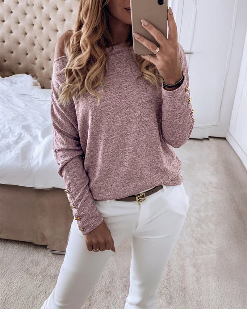 Women's Multi Way Neck Long Sleeve Top Gold Button Detail Casual Knit Tee