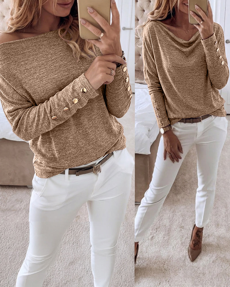 Women's Multi Way Neck Long Sleeve Top Gold Button Detail Casual Knit Tee