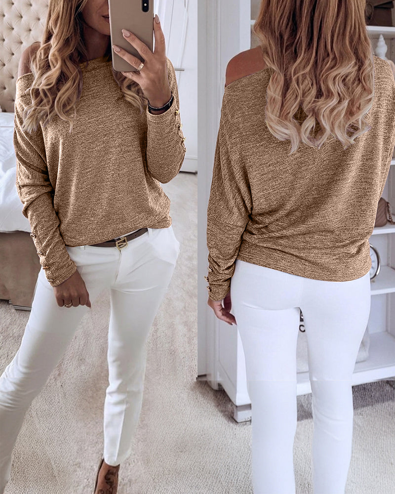 Women's Multi Way Neck Long Sleeve Top Gold Button Detail Casual Knit Tee