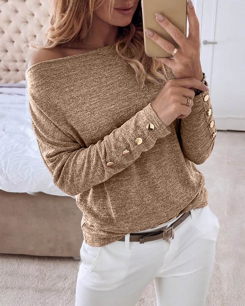 Women's Multi Way Neck Long Sleeve Top Gold Button Detail Casual Knit Tee