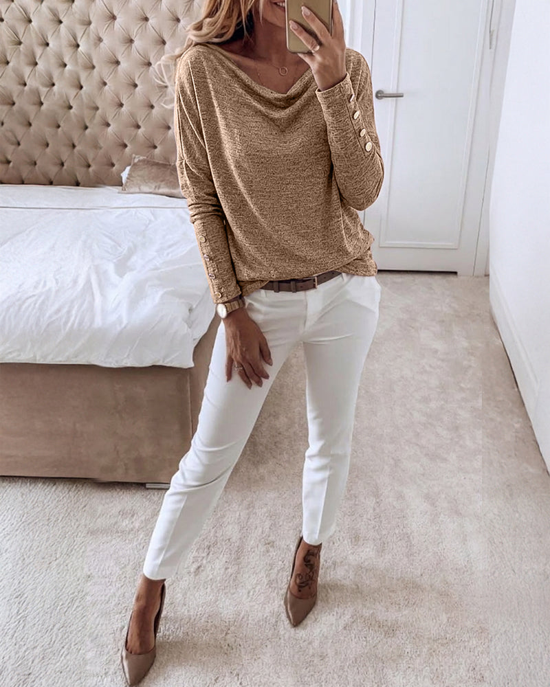 Women's Multi Way Neck Long Sleeve Top Gold Button Detail Casual Knit Tee