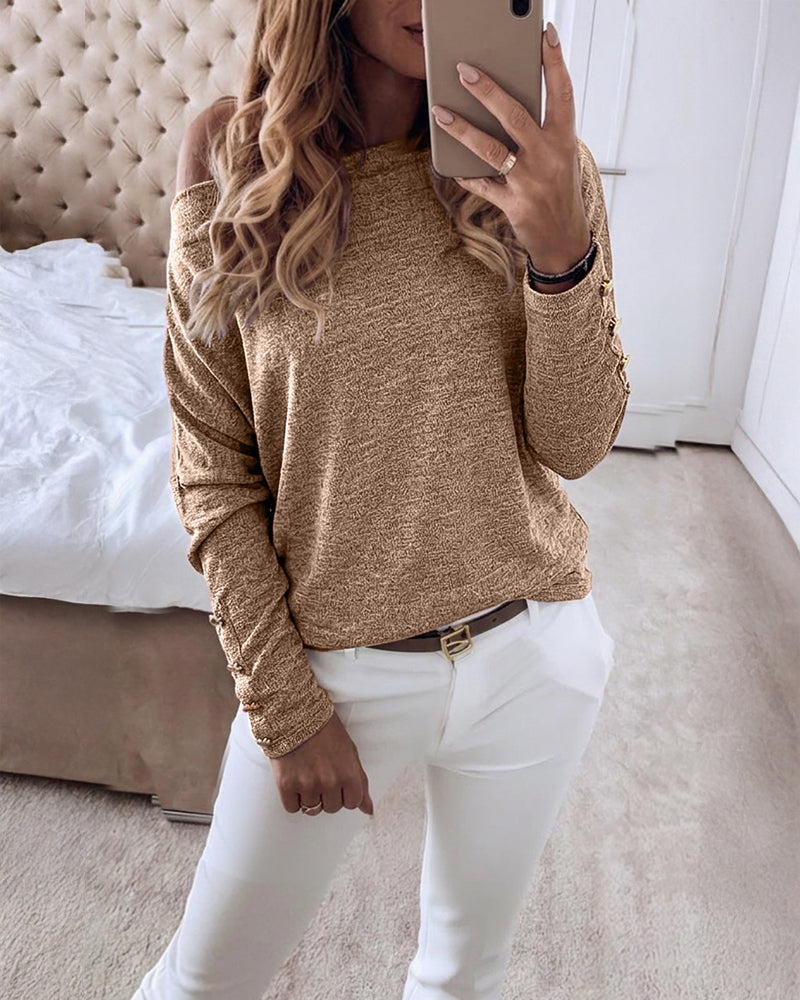 Women's Multi Way Neck Long Sleeve Top Gold Button Detail Casual Knit Tee