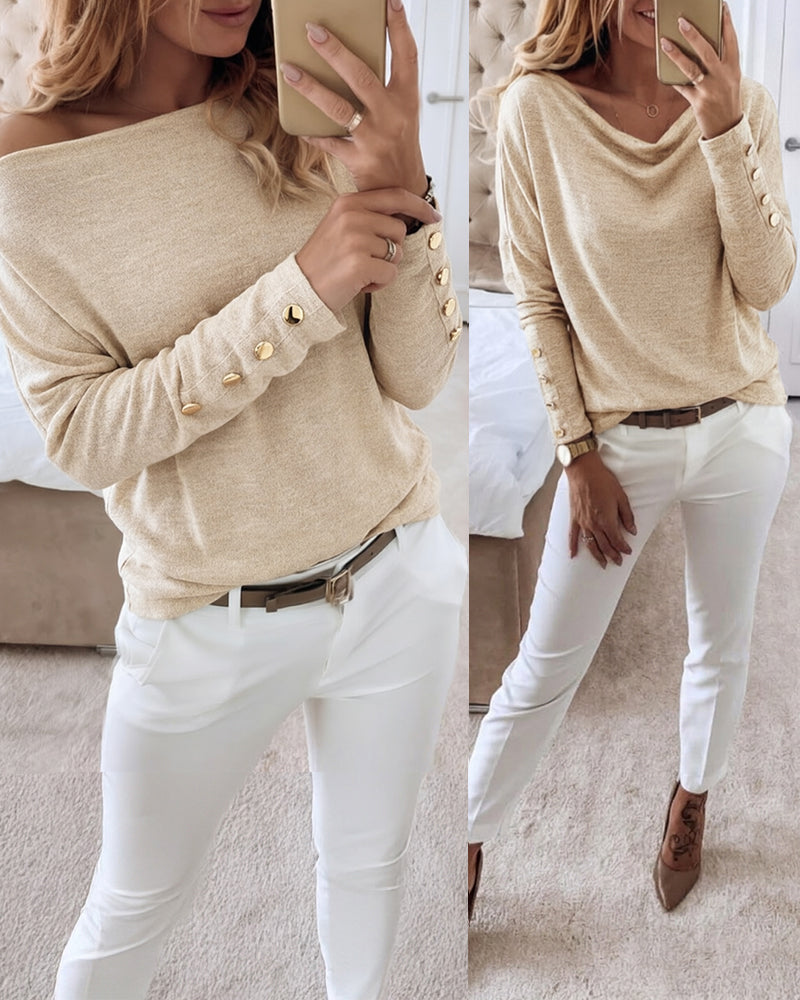 Women's Multi Way Neck Long Sleeve Top Gold Button Detail Casual Knit Tee