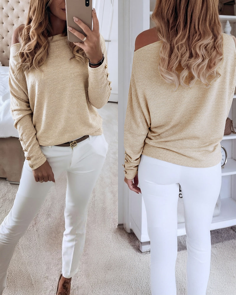 Women's Multi Way Neck Long Sleeve Top Gold Button Detail Casual Knit Tee