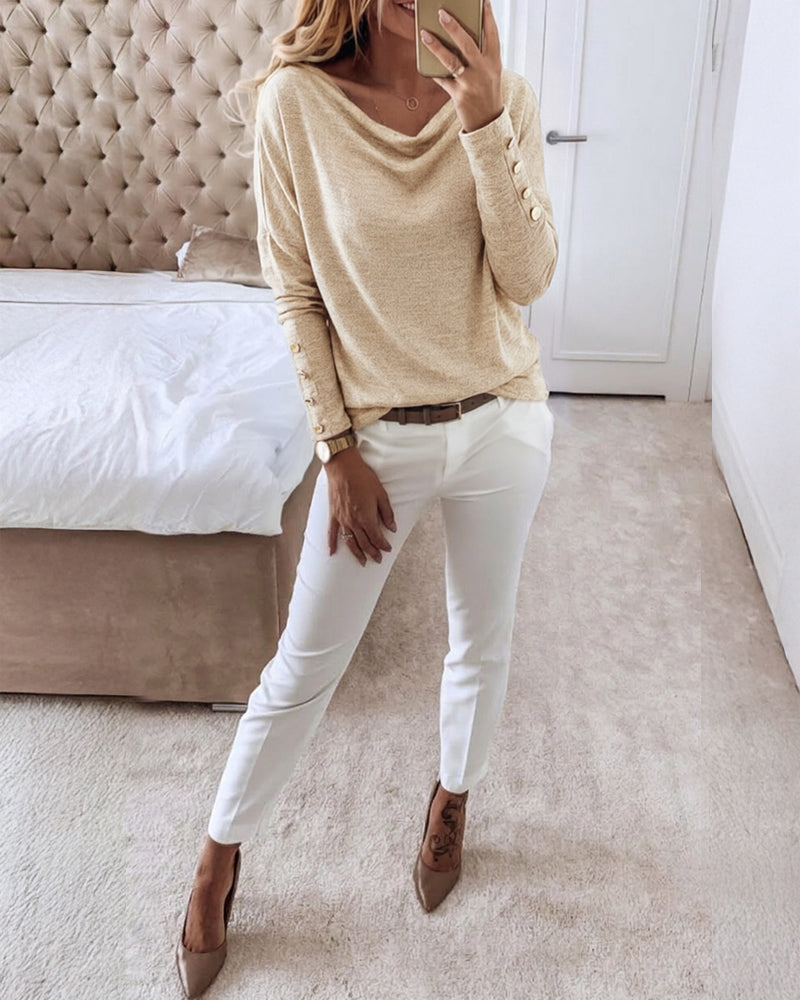 Women's Multi Way Neck Long Sleeve Top Gold Button Detail Casual Knit Tee