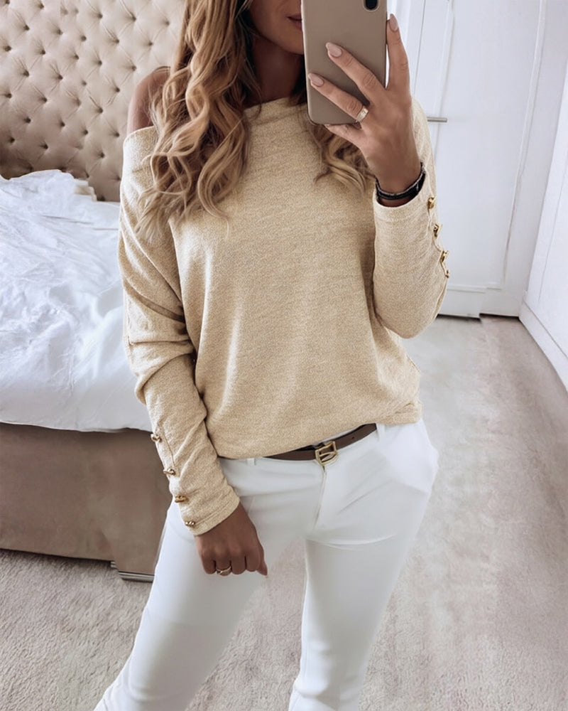 Women's Multi Way Neck Long Sleeve Top Gold Button Detail Casual Knit Tee