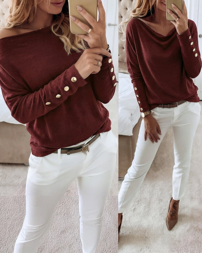 Women's Multi Way Neck Long Sleeve Top Gold Button Detail Casual Knit Tee