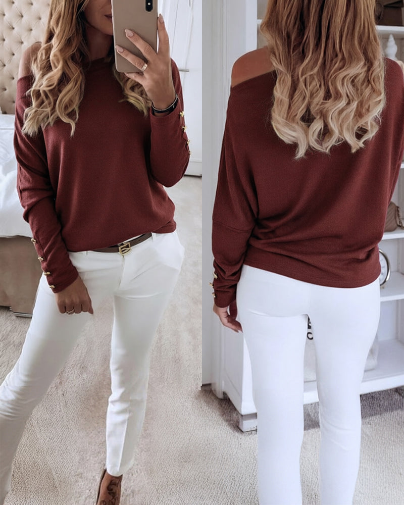 Women's Multi Way Neck Long Sleeve Top Gold Button Detail Casual Knit Tee