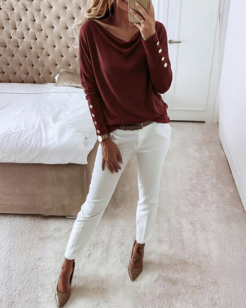 Women's Multi Way Neck Long Sleeve Top Gold Button Detail Casual Knit Tee