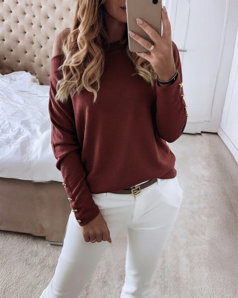 Women's Multi Way Neck Long Sleeve Top Gold Button Detail Casual Knit Tee