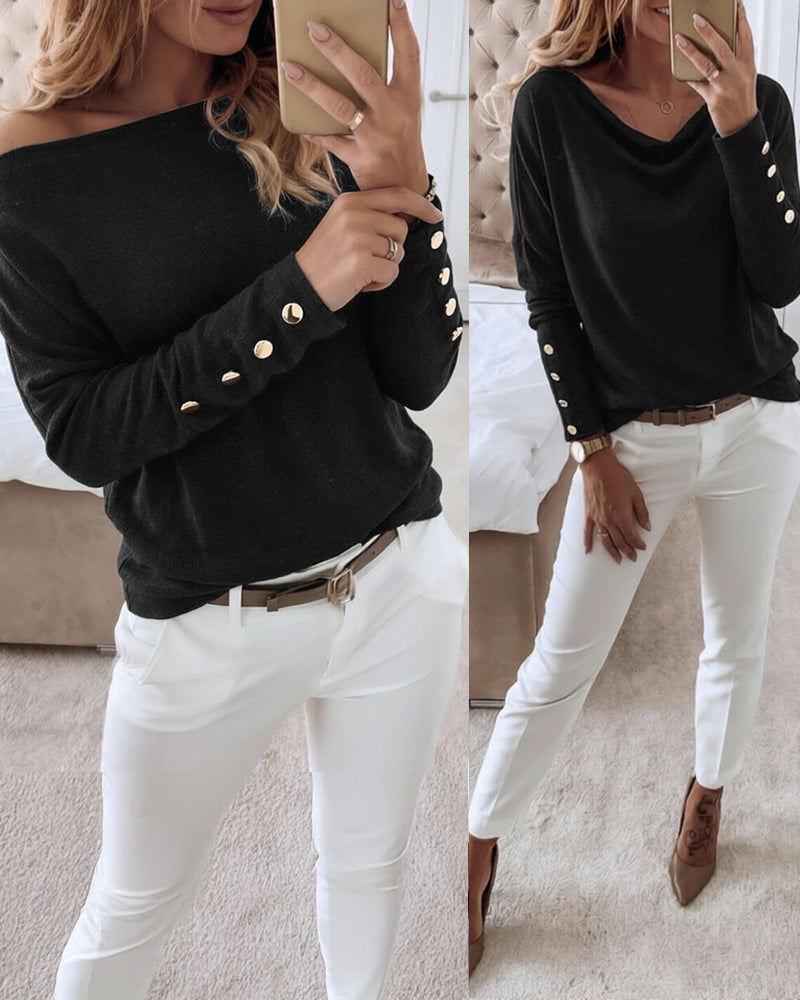 Women's Multi Way Neck Long Sleeve Top Gold Button Detail Casual Knit Tee