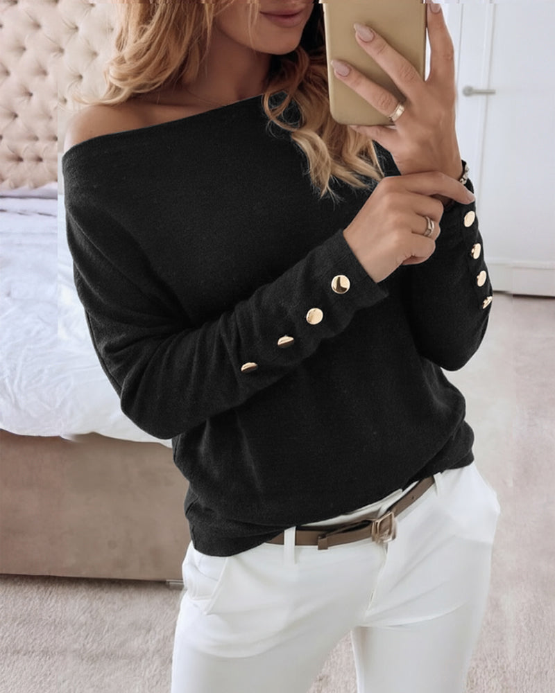 Women's Multi Way Neck Long Sleeve Top Gold Button Detail Casual Knit Tee