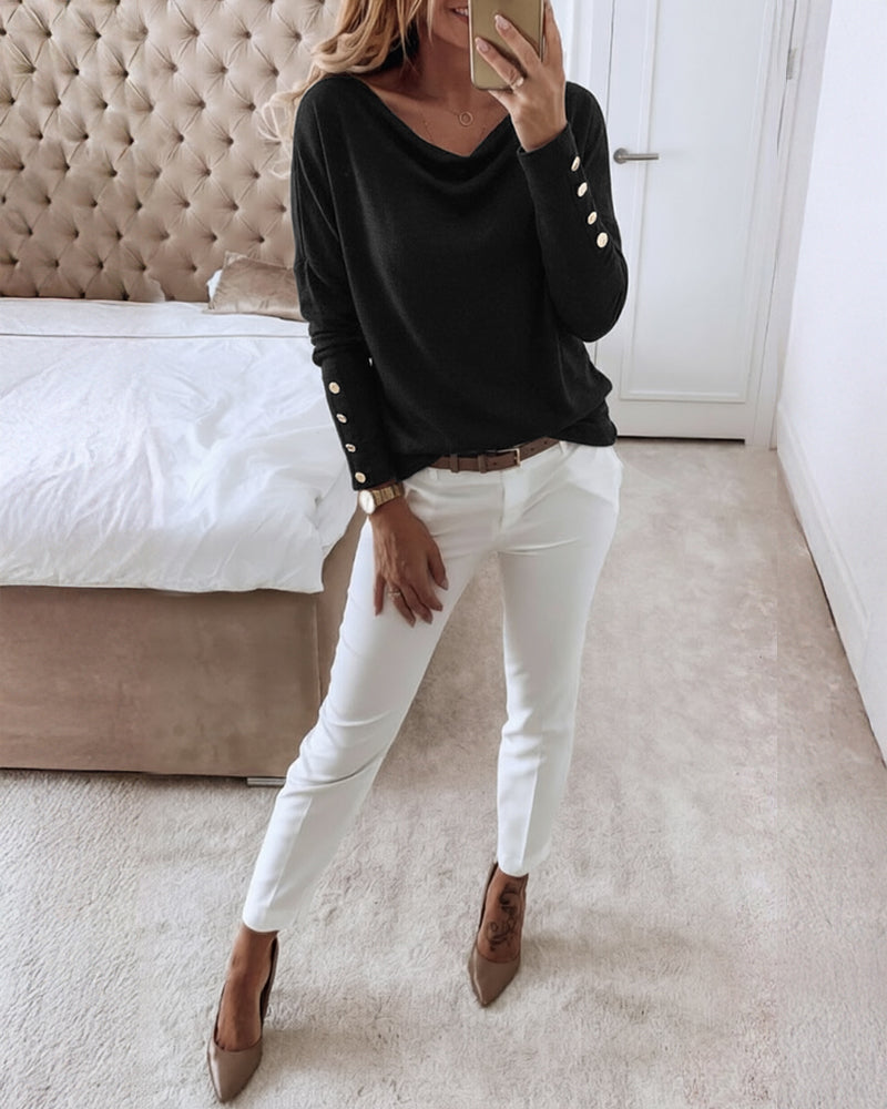 Women's Multi Way Neck Long Sleeve Top Gold Button Detail Casual Knit Tee