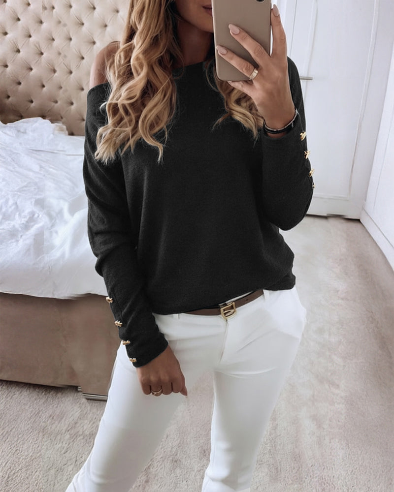 Women's Multi Way Neck Long Sleeve Top Gold Button Detail Casual Knit Tee