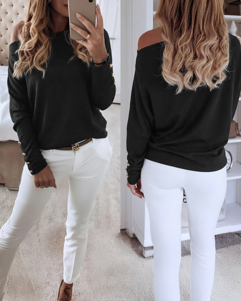 Women's Multi Way Neck Long Sleeve Top Gold Button Detail Casual Knit Tee