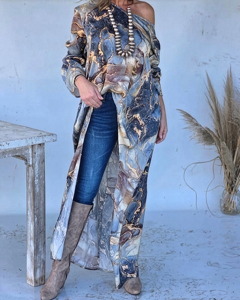 CHICME Women's Marble Print Long Sleeve Blouse Loose Fit High-Low Hem Tunic Top