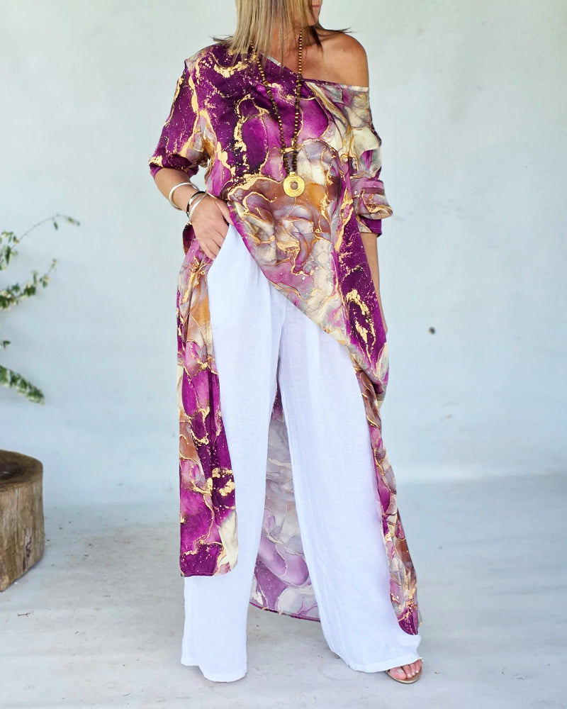 CHICME Women's Marble Print Long Sleeve Blouse Loose Fit High-Low Hem Tunic Top