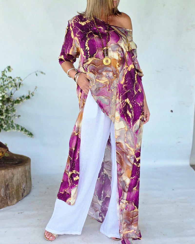 CHICME Women's Marble Print Long Sleeve Blouse Loose Fit High-Low Hem Tunic Top