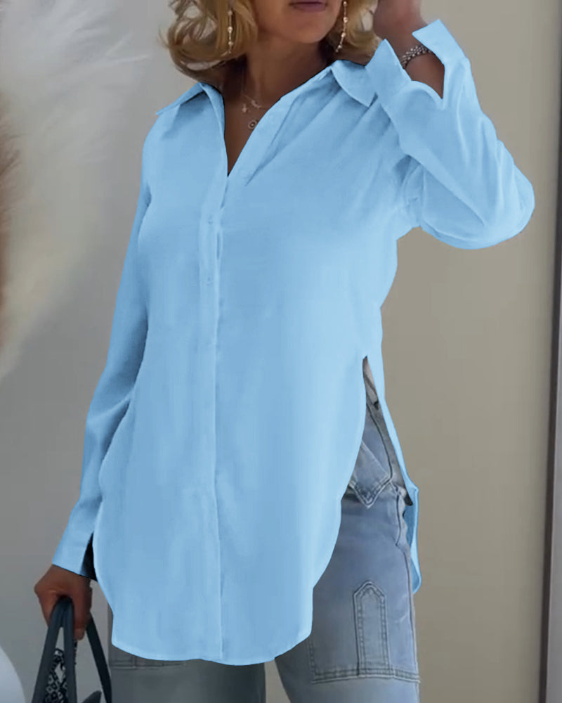 Turn-down Collar Roll Up Sleeve Button Front Shirt Casual Side Slit Curved Hem Top