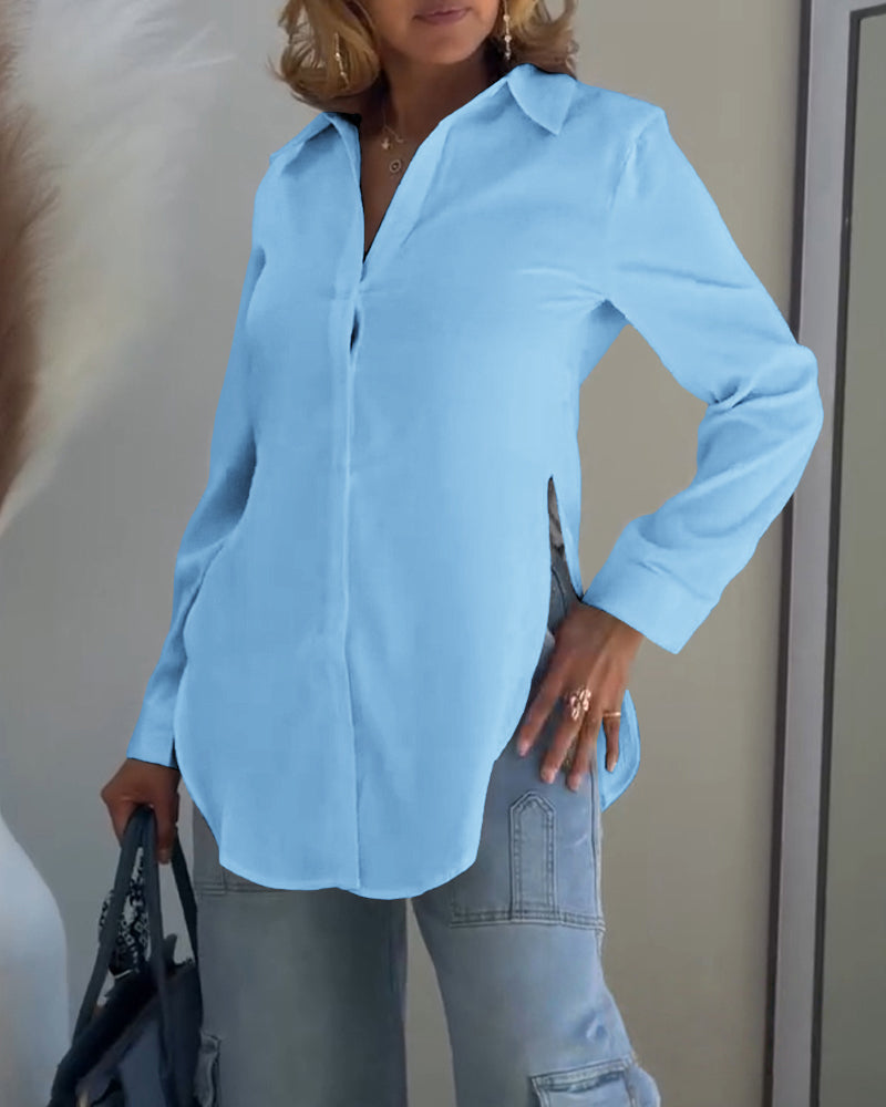 Turn-down Collar Roll Up Sleeve Button Front Shirt Casual Side Slit Curved Hem Top